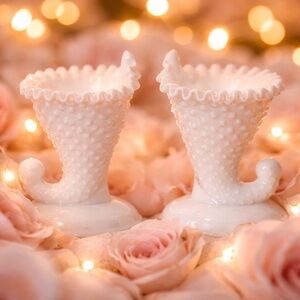 LOT of 2 FENTON MILK GLASS HOBNAIL CORNUCOPIA-CANDLE HOLDER   No chips or cracks
